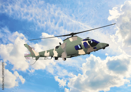 150-48-Camouflaged military helicopter flying in cloudy sky during a military exercise