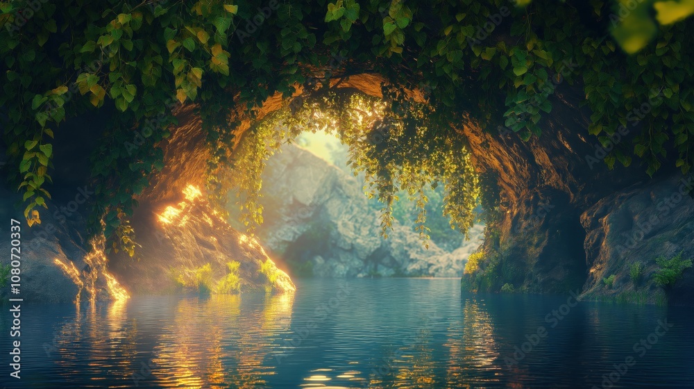 Fototapeta premium A tranquil cave with lush greenery and sunlight reflecting on the calm water surface.