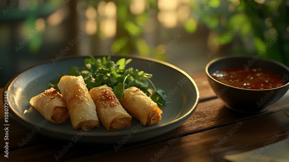 A sharp, true-to-life image of a plate of crispy spring rolls, garnished with fresh herbs and served with a side of sweet chili dipping sauce on a wooden table. Cinematic Scene, 4k resolution, A sharp, true-to-life image of a plate of crispy spring rolls, garnished with fresh herbs and served with a side of sweet chili dipping sauce on a wooden table. Cinematic Scene, 4k resolution,