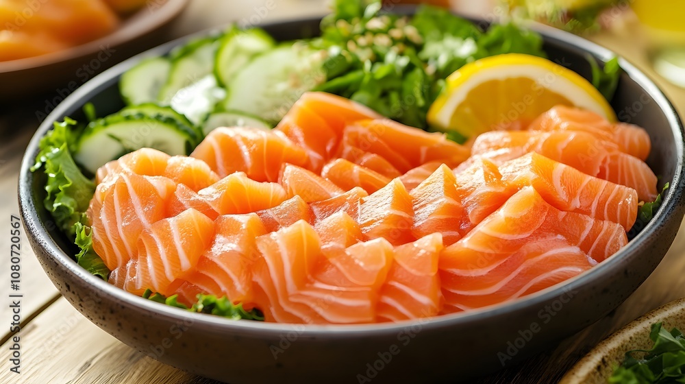A high-quality image of sashimi salad with vibrant greens, fresh fish slices, and a tangy citrus dressing, showcasing each fresh ingredient in detail. Cinematic Scene, 4k resolution, cinematic scene A high-quality image of sashimi salad with vibrant greens, fresh fish slices, and a tangy citrus dressing, showcasing each fresh ingredient in detail. Cinematic Scene, 4k resolution, cinematic scene