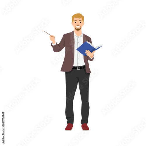 Standing business man teacher holding books pointing with wooden pointer stick. Flat vector illustration isolated on white background