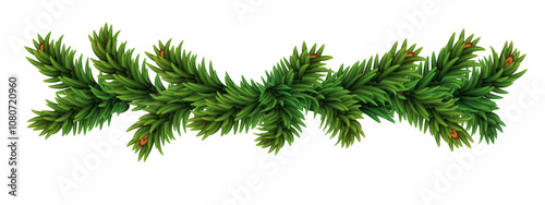 Christmas tree realistic garland isolated on white. Pine tree branches for holiday decoration and seasonal celebrations