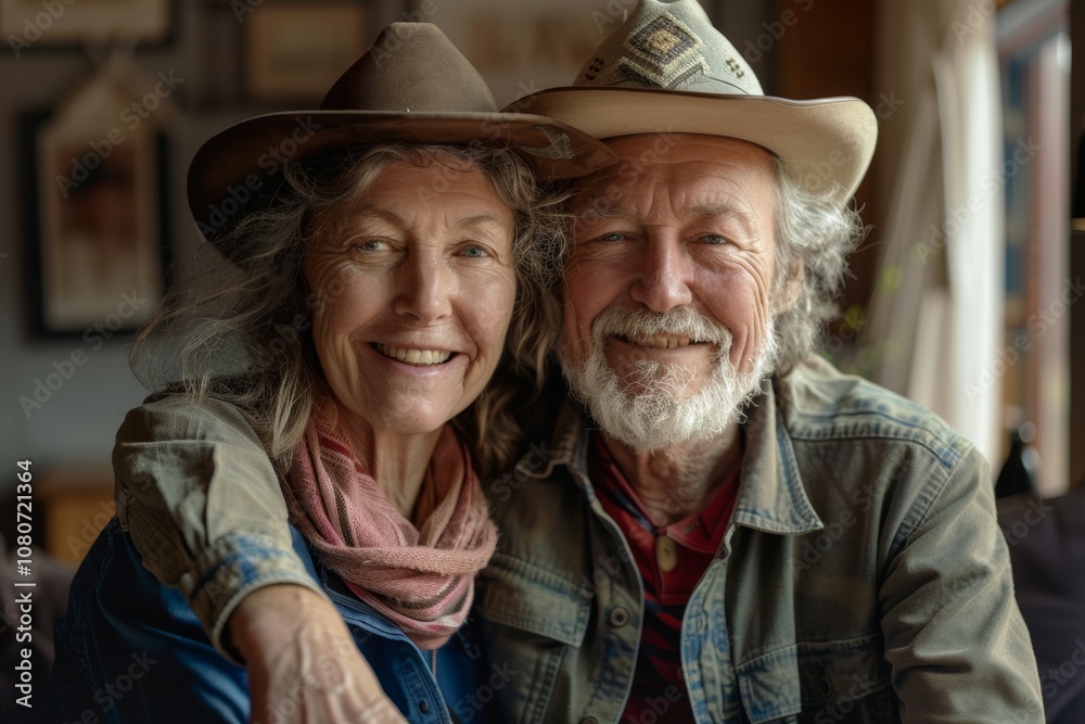 Portrait of a smiling couple in their 60s wearing a rugged cowboy hat in front of modern minimalist interior Portrait of a smiling couple in their 60s wearing a rugged cowboy hat in front of modern minimalist interior