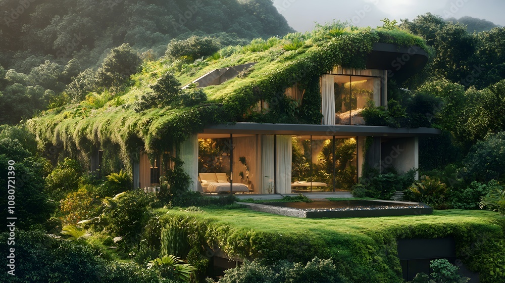 An eco-friendly home with a green roof covered in plants, integrating natural beauty with sustainable architecture. Cinematic Scene, 4k resolution, cinematic scene An eco-friendly home with a green roof covered in plants, integrating natural beauty with sustainable architecture. Cinematic Scene, 4k resolution, cinematic scene