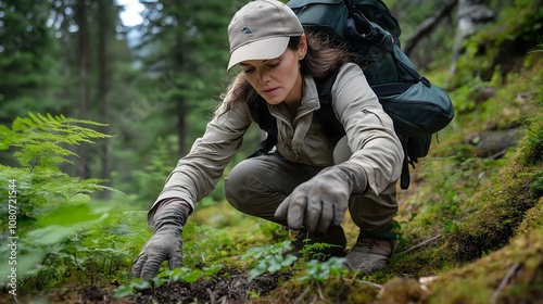 A woman exploring and studying plants in a lush forest environment.