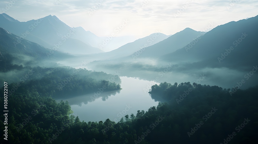 An expansive aerial view of a serene lake surrounded by misty mountains and lush green forests, creating a hyper-realistic dreamlike landscape. No text, no logo, wide angle shot, Cinematic Scene, 4k An expansive aerial view of a serene lake surrounded by misty mountains and lush green forests, creating a hyper-realistic dreamlike landscape. No text, no logo, wide angle shot, Cinematic Scene, 4k