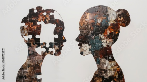 Silhouetted profiles of two individuals fit together like connecting puzzle pieces, showcasing intricate patterns that symbolize diversity and unity in art photo