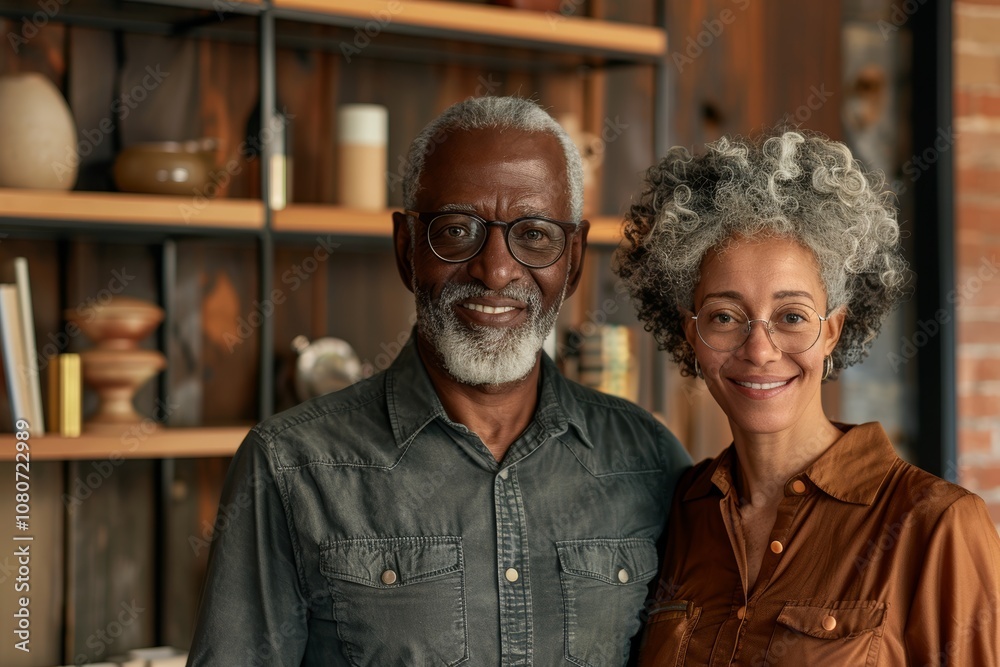 Portrait of a satisfied multiethnic couple in their 60s sporting a breathable hiking shirt in front of modern minimalist interior Portrait of a satisfied multiethnic couple in their 60s sporting a breathable hiking shirt in front of modern minimalist interior