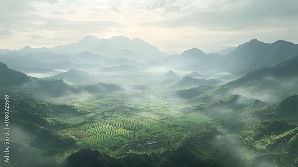A panoramic view of a peaceful valley with symmetrical patches of farmland, surrounded by mist-covered mountains in a dreamlike setting. No text, no logo, wide angle shot, Cinematic Scene, 4k A panoramic view of a peaceful valley with symmetrical patches of farmland, surrounded by mist-covered mountains in a dreamlike setting. No text, no logo, wide angle shot, Cinematic Scene, 4k