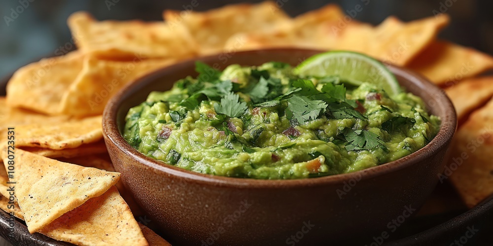 Bowl of guacamole with cilantro and lime wedge, served with tortilla chips. Bowl of guacamole with cilantro and lime wedge, served with tortilla chips.
