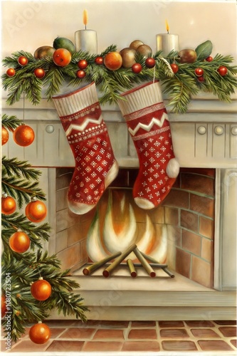 Christmas stockings with Christmas gifts hanging by fireplace with decorations and candles in festive setting, family holiday concept, home comfort