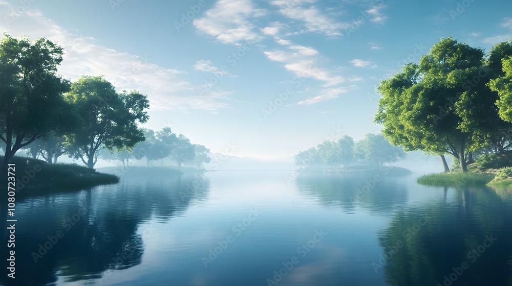 A high perspective view of a calm lake surrounded by symmetrical tree-lined shores, capturing a hyper-realistic, dreamlike quality. No text, no logo, wide angle shot, Cinematic Scene, 4k resolution, A high perspective view of a calm lake surrounded by symmetrical tree-lined shores, capturing a hyper-realistic, dreamlike quality. No text, no logo, wide angle shot, Cinematic Scene, 4k resolution,