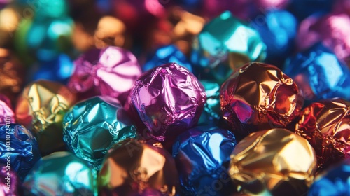 Close-up of chocolate candies in festive wrappers, colorful and vibrant