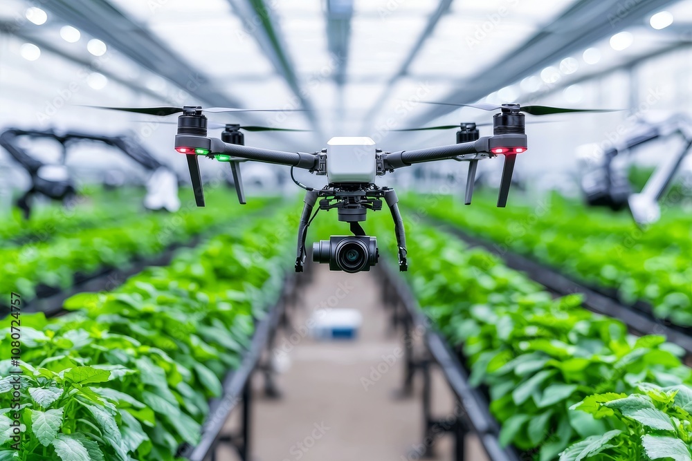 Fototapeta premium Using AI drones to monitor vertical farming crops, Sustainable hydroponics farming without carbon emissions by 2050,