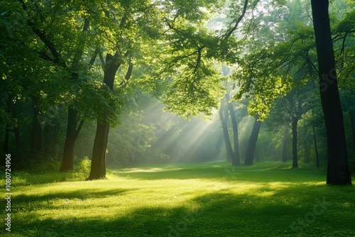 Sunlight filtering through trees in serene forest, lush greenery, soft light beams, tranquil atmosphere, peaceful nature scene