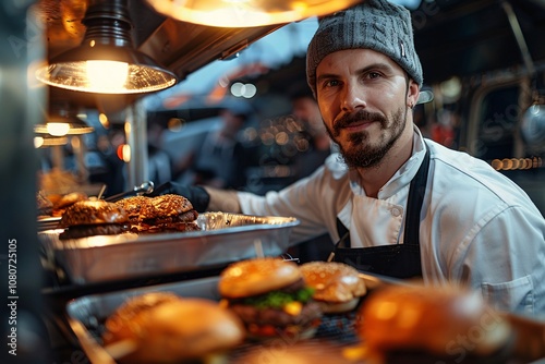 A skilled chef stands behind a grill, serving freshly made burgers at a lively outdoor food market. The warm evening atmosphere buzzes with customers eager to enjoy gourmet bites