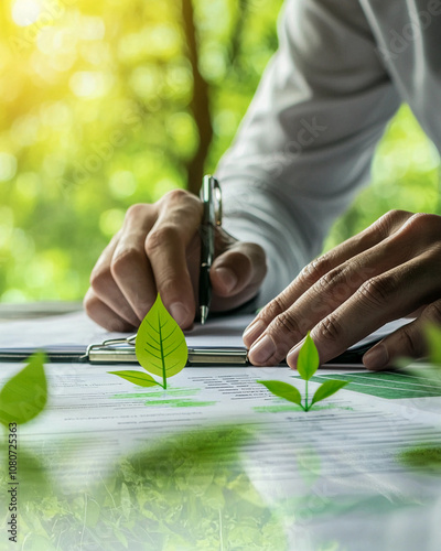ESG concept. Businessman  planning an environmental protection initiative, focused on promoting a clean and sustainable future. Green energy contract , signing