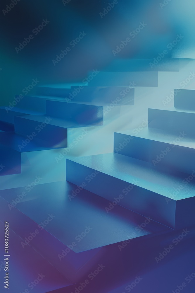 A surreal image of a geometric staircase bathed in blue and purple light, creating a futuristic and dreamlike ambiance. A surreal image of a geometric staircase bathed in blue and purple light, creating a futuristic and dreamlike ambiance.