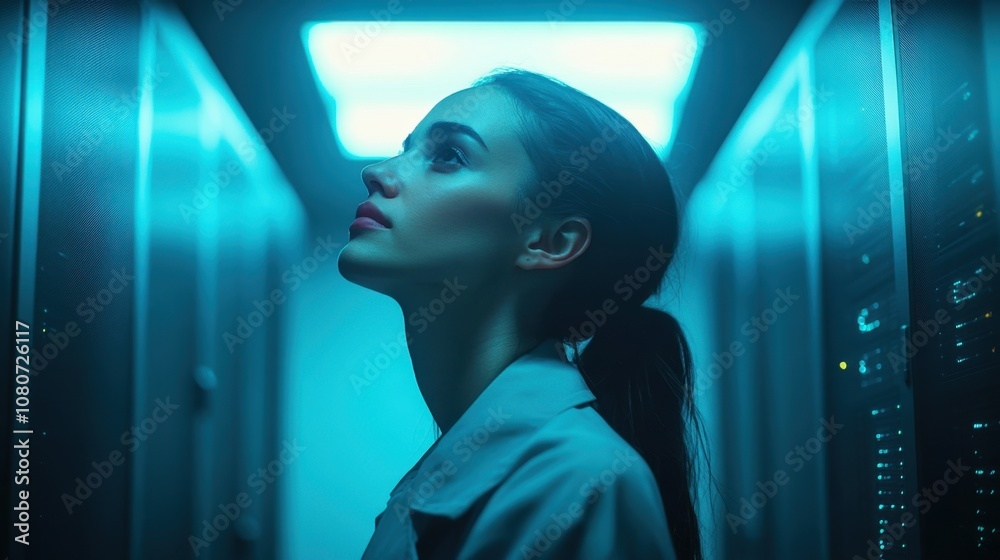 Captivating Portrait of a Young Woman in a Futuristic Data Center Exuding Mystery and Intrigue Beneath a Soft Blue Light in a Tech-Driven Environment Captivating Portrait of a Young Woman in a Futuristic Data Center Exuding Mystery and Intrigue Beneath a Soft Blue Light in a Tech-Driven Environment