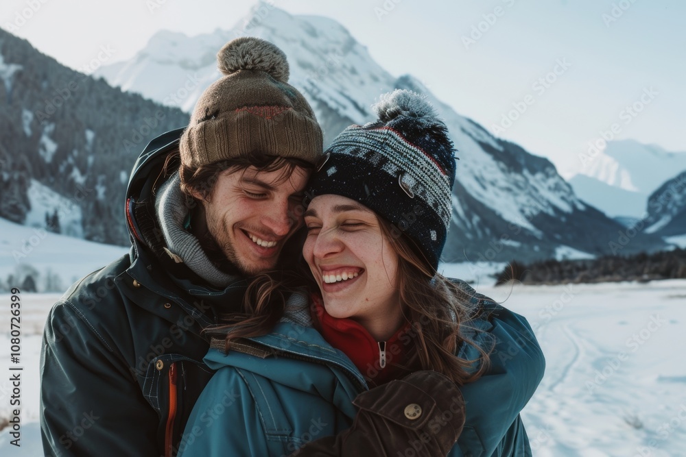 Portrait of a joyful couple in their 20s wearing a lightweight packable anorak in front of snowy mountain range Portrait of a joyful couple in their 20s wearing a lightweight packable anorak in front of snowy mountain range