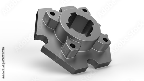 Metallic Grey Flange. Hexagon shape. Isolated. White background. 3d render