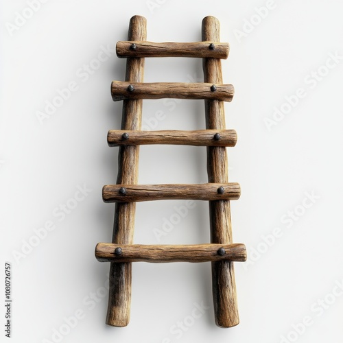 Rustic wooden ladder with six rungs on light background photo