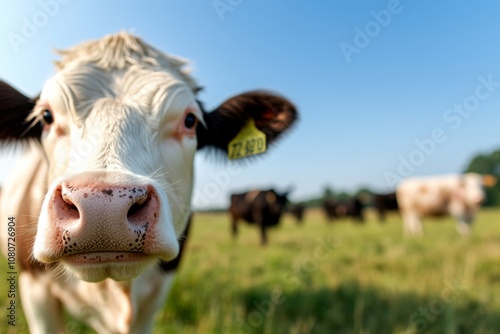 A friendly cow approaches with curiosity capturing attention as it stands among others in a vibrant pasture under a clear blue sky. The serene atmosphere evokes farm life. photo