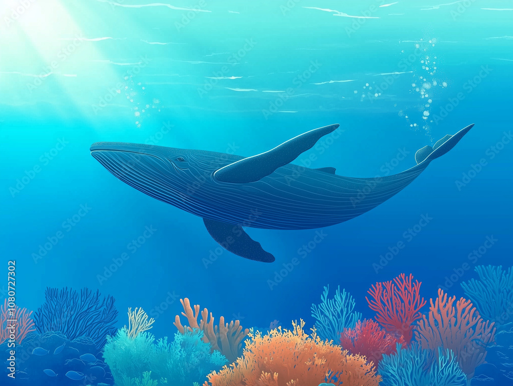 Naklejka premium whale swim in the ocean with beautiful corals and marine life under the ocean. 