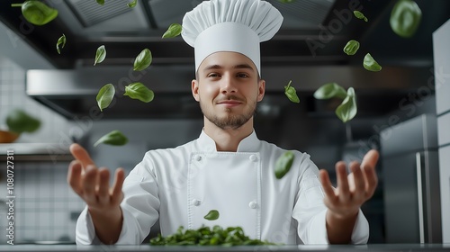 Chef tossing fresh basil leaves in kitchen, showcasing culinary skills and vibrant ingredients. photo