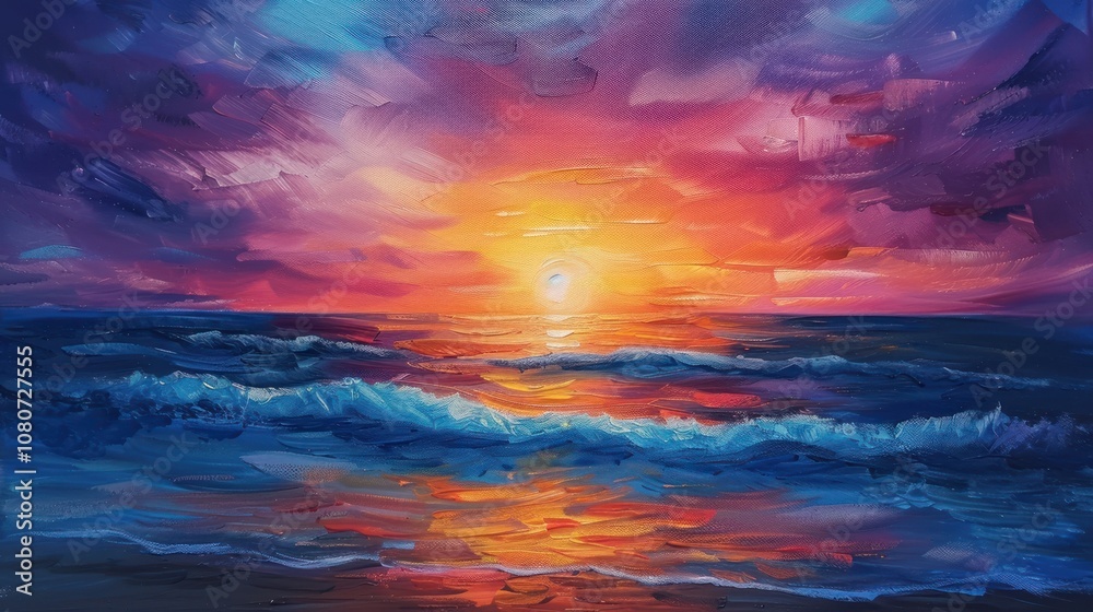 A vibrant and colorful sunset over the ocean, painted in a brushstroke style. A vibrant and colorful sunset over the ocean, painted in a brushstroke style.