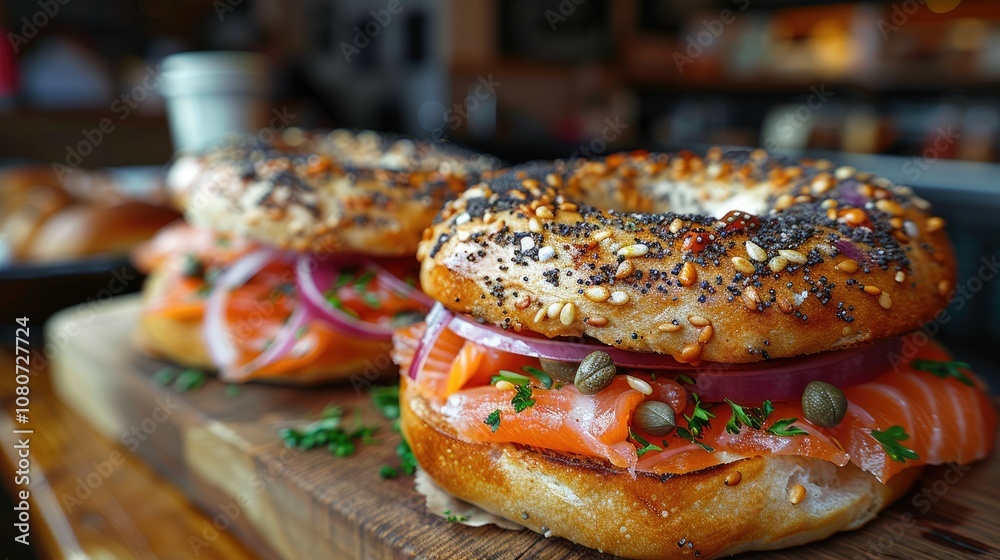Two Smoked Salmon Bagels with Red Onion, Capers, and Parsley on a Wooden Cutting Board Two Smoked Salmon Bagels with Red Onion, Capers, and Parsley on a Wooden Cutting Board
