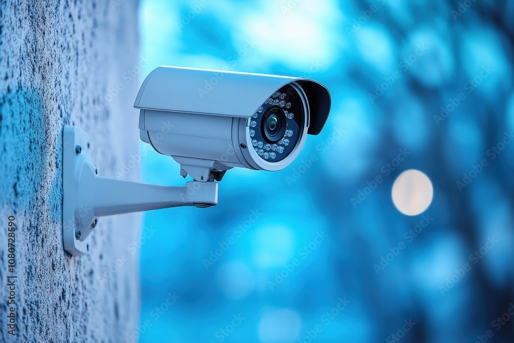Modern Security Camera Mounted on Wall in Blue-Toned Environment, Enhancing Surveillance and Safety in Urban Settings with Advanced Technology Features Modern Security Camera Mounted on Wall in Blue-Toned Environment, Enhancing Surveillance and Safety in Urban Settings with Advanced Technology Features