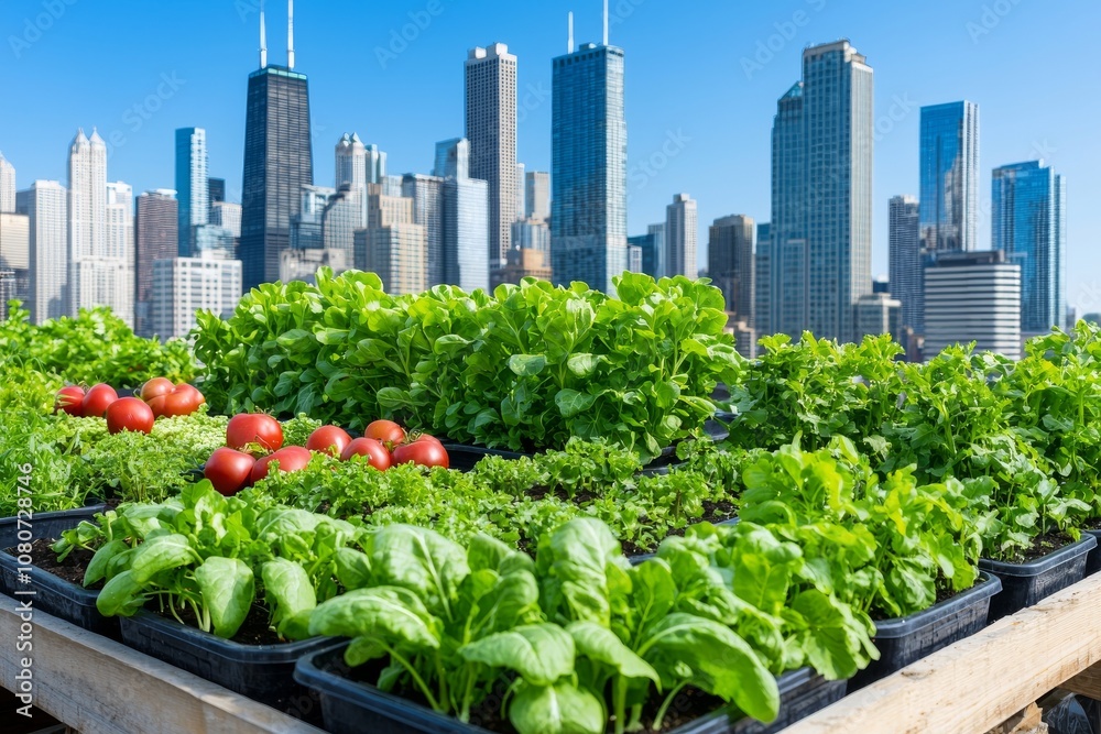 Fototapeta premium Vegetable garden on top of an urban building with a panoramic view of the skyline