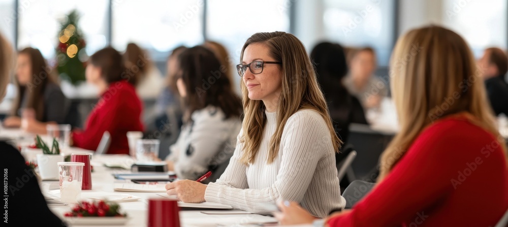 A group of women engaged in a discussion at a conference, highlighting collaboration and professional development in a modern workspace. A group of women engaged in a discussion at a conference, highlighting collaboration and professional development in a modern workspace.