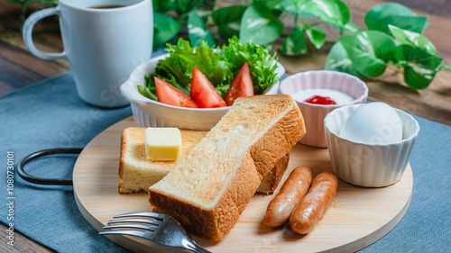 オーソドックスなモーニングプレート トースト ウインナー サラダ コーヒー