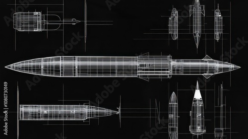 A highly detailed black and white technical drawing of the ballistic missile. Blueprint illustration showcases the missile in various views, including side, cross-section, and top-down perspectives. photo