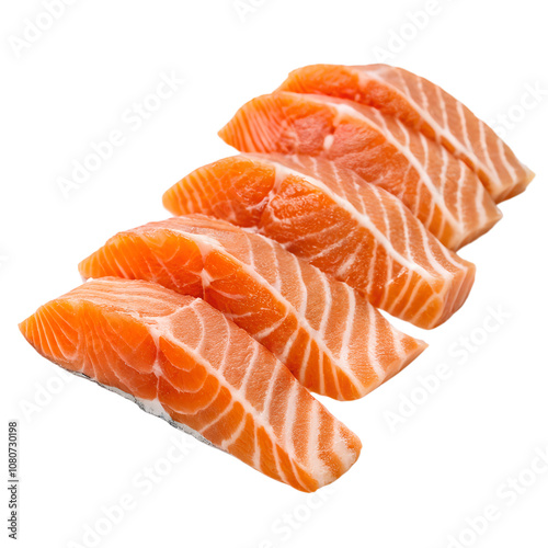 A minimalist presentation of fresh salmon sashimi on a transparent background