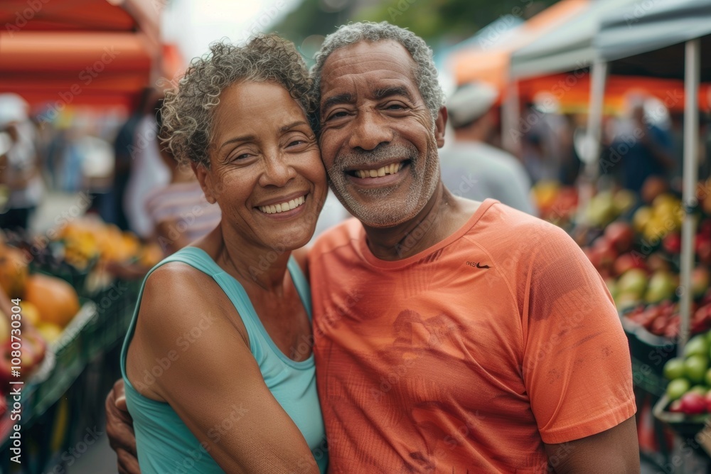 Portrait of a blissful mixed race couple in their 60s wearing a moisture-wicking running shirt isolated on bustling farmer's market Portrait of a blissful mixed race couple in their 60s wearing a moisture-wicking running shirt isolated on bustling farmer's market
