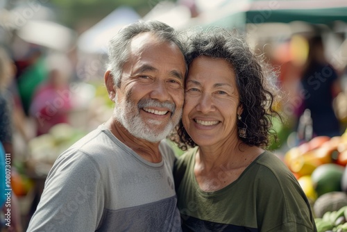 Portrait of a blissful mixed race couple in their 60s wearing a moisture-wicking running shirt over bustling farmer's market