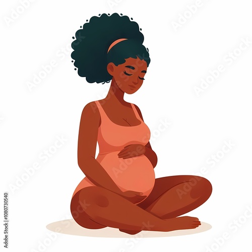 Pregnant black woman sitting, whitea background, flat style illustration photo