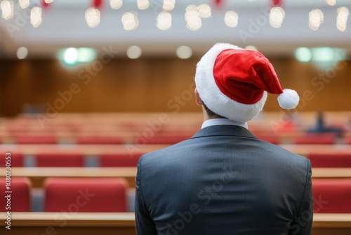 A person in a Santa hat sits in a nearly empty auditorium, surrounded by festive decorations, evoking a holiday spirit and anticipation.
