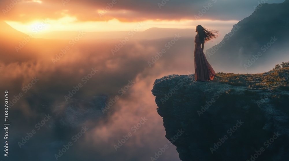 A silhouette of a woman in a flowing dress standing on a cliff during a vibrant sunset. A silhouette of a woman in a flowing dress standing on a cliff during a vibrant sunset.