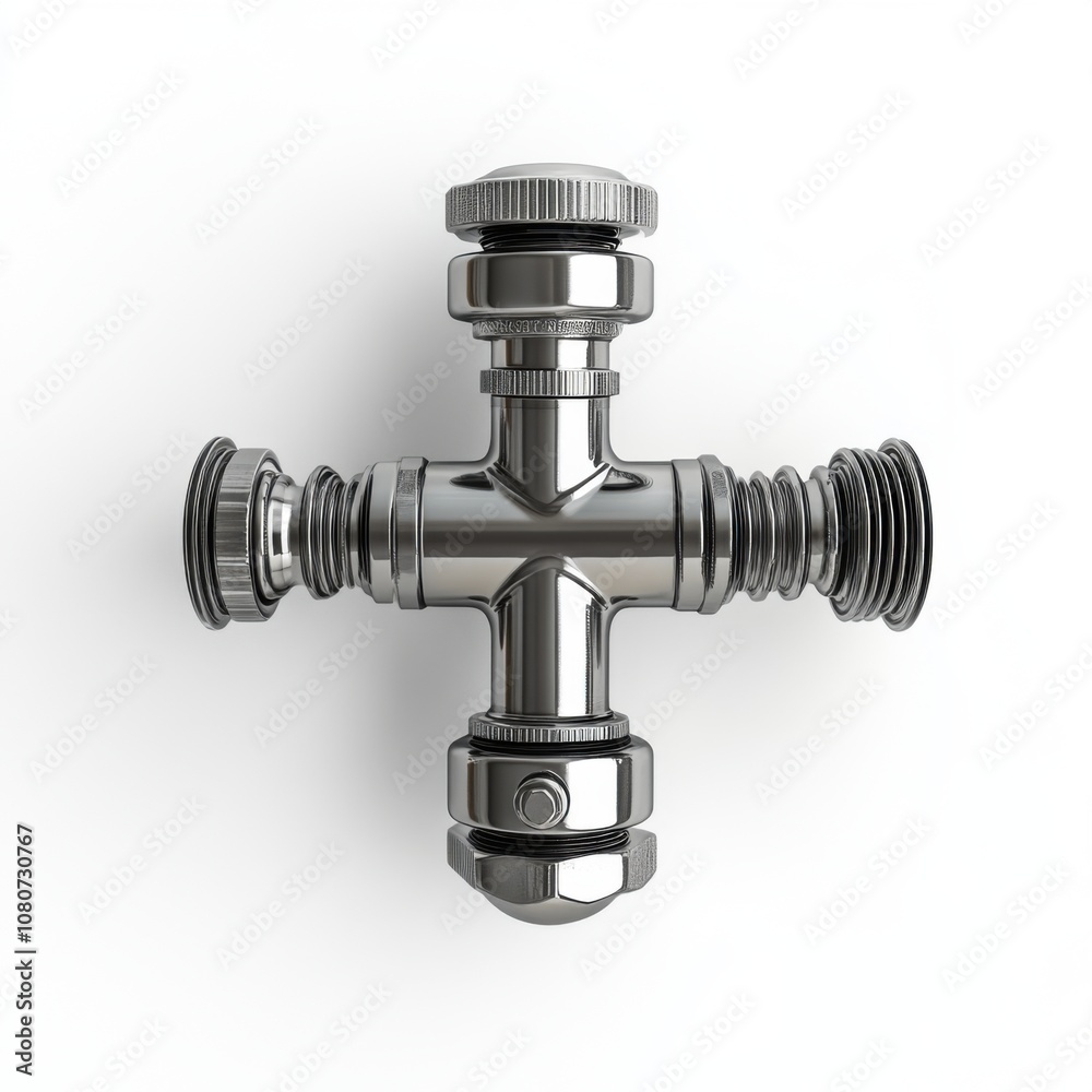 Stainless steel pipe fitting with four-way connector on white background Stainless steel pipe fitting with four-way connector on white background
