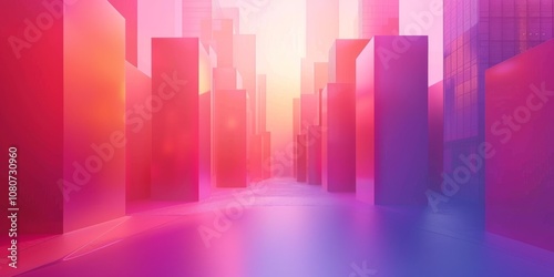 Abstract cityscape featuring colorful geometric buildings and a glowing sunrise, creating a futuristic and modern urban atmosphere.