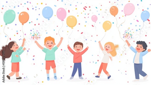 Children celebrating with balloons, confetti, and decorations, 2D vector design