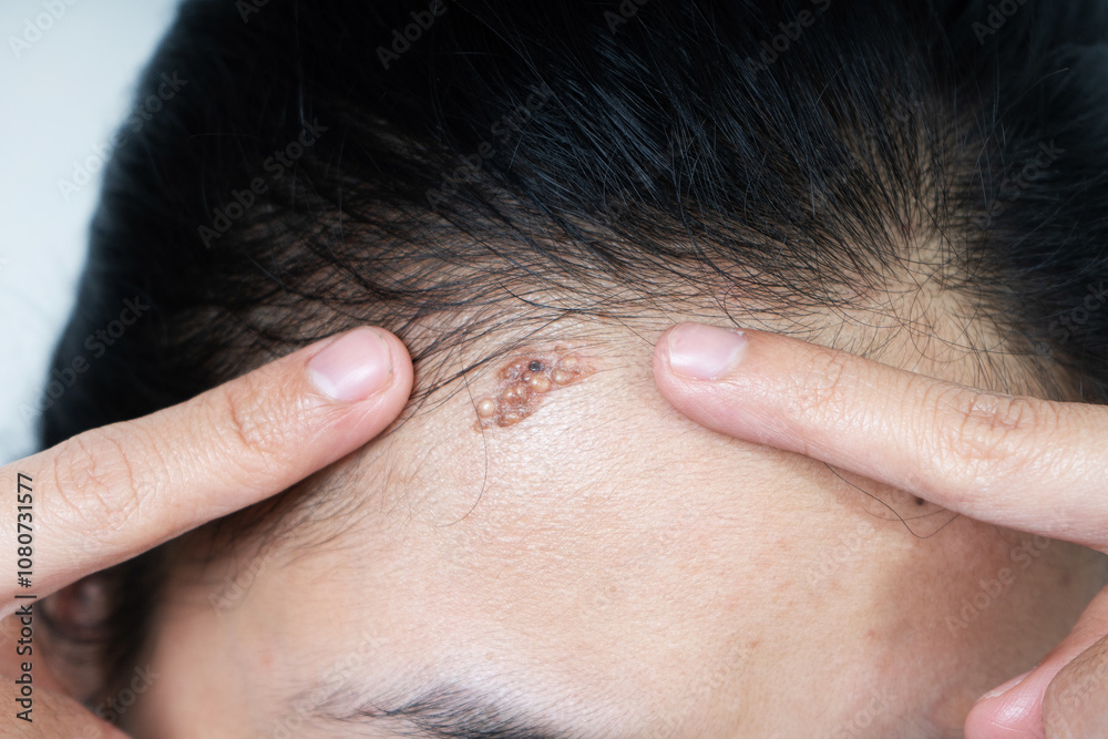 keloid scar on woman forehead, medical and surgery concept. keloid scar on woman forehead, medical and surgery concept.