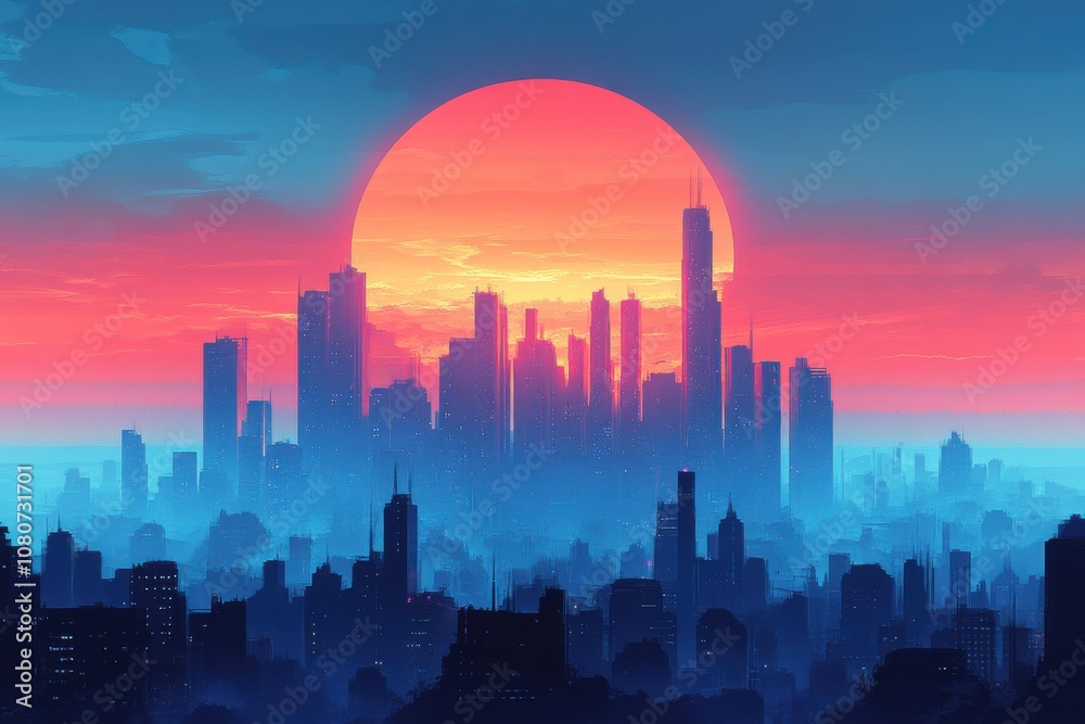 Vibrant Sunset Over a Modern City Skyline with Silhouetted Skyscrapers and a Colorful Sky Blending Shades of Orange, Pink, and Blue in a Dreamlike Urban Landscape Vibrant Sunset Over a Modern City Skyline with Silhouetted Skyscrapers and a Colorful Sky Blending Shades of Orange, Pink, and Blue in a Dreamlike Urban Landscape