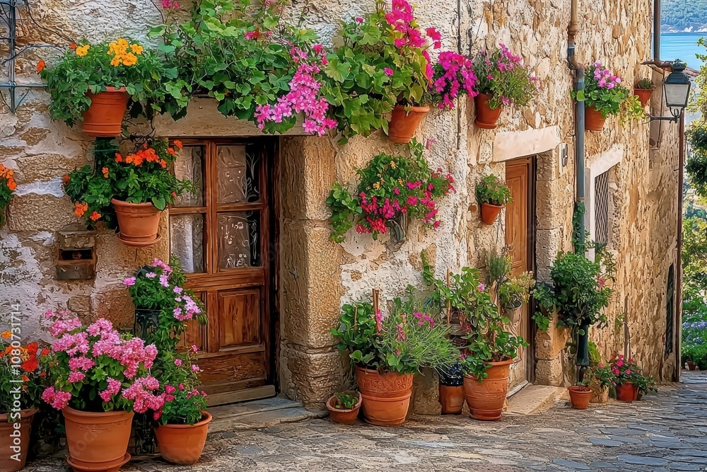 Fototapeta premium A quaint Spanish house with an old stone wall, adorned with hanging flower pots and vibrant flowers in terracotta planters, offers a picturesque view of the door and windows.
