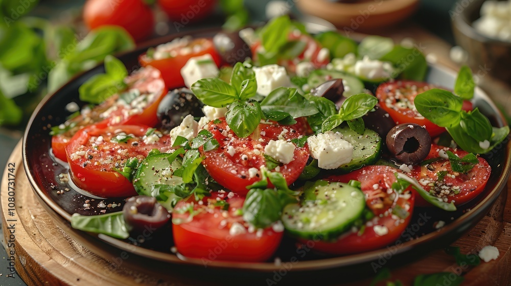 Close-up of a Salad with Tomatoes, Cucumber, Feta Cheese, Olives, and Basil Close-up of a Salad with Tomatoes, Cucumber, Feta Cheese, Olives, and Basil