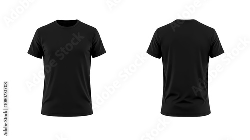 Black front and back part t-shirt isolated on transparent background, plain design, simple clothing, fashion mockup